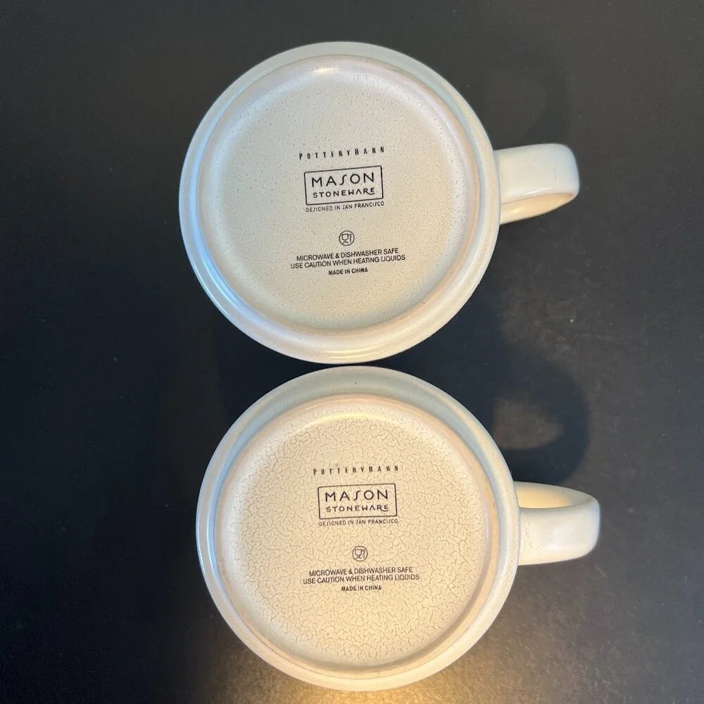 Pottery Barn MASON STONEWARE Ivory White Coffee Cups Mugs Set of 2 Stackable